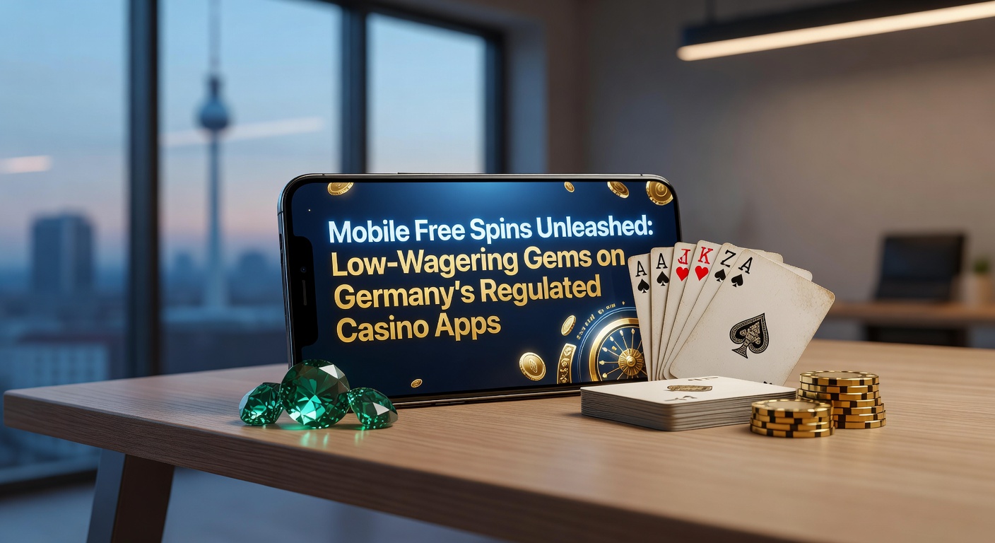 Smartphone mit Casino-App und drehenden Free Spins-Symbolen auf einem deutschen regulierten Plattform-Hintergrund