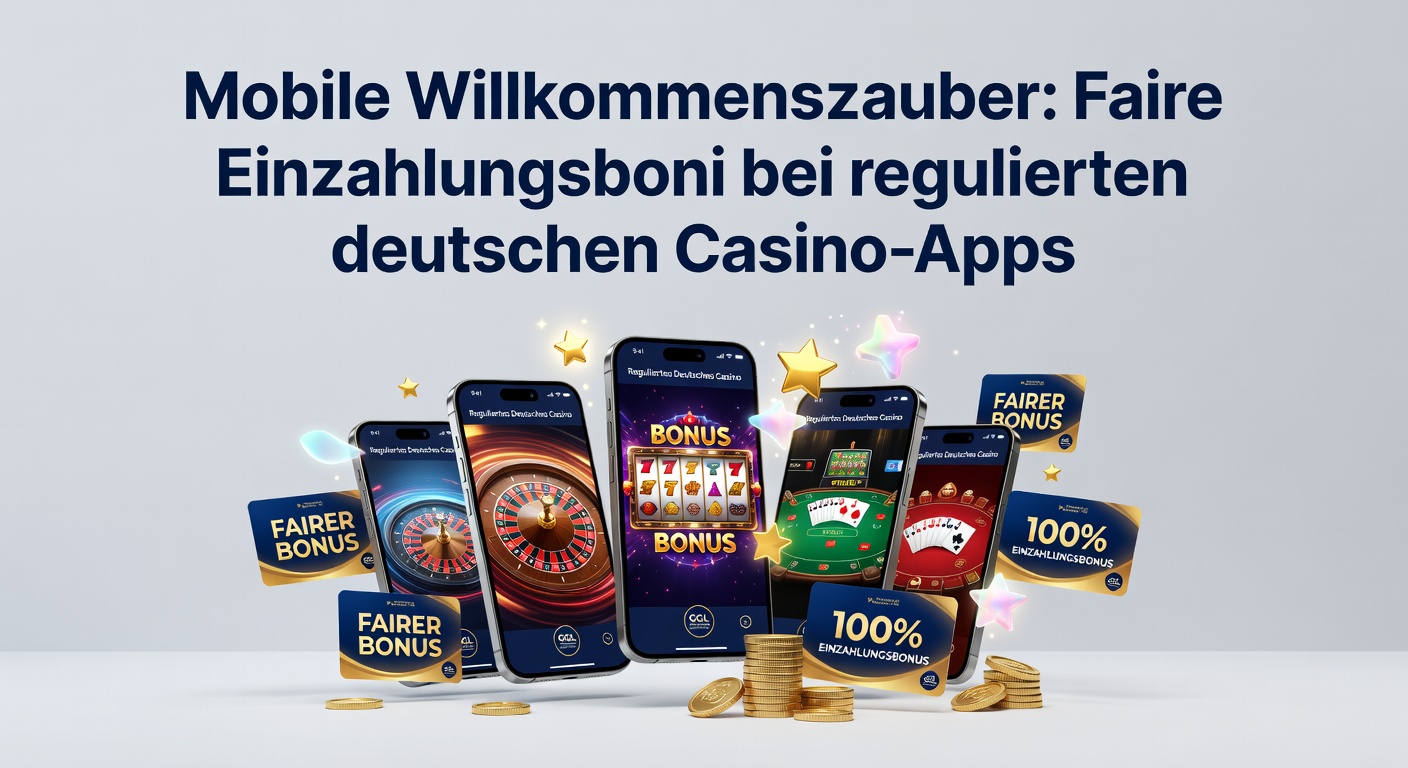 Smartphone mit Casino-App und Einzahlungsbonus-Anzeige auf hellem Bildschirm, umgeben von deutschen Flaggen und Lizenz-Symbolen