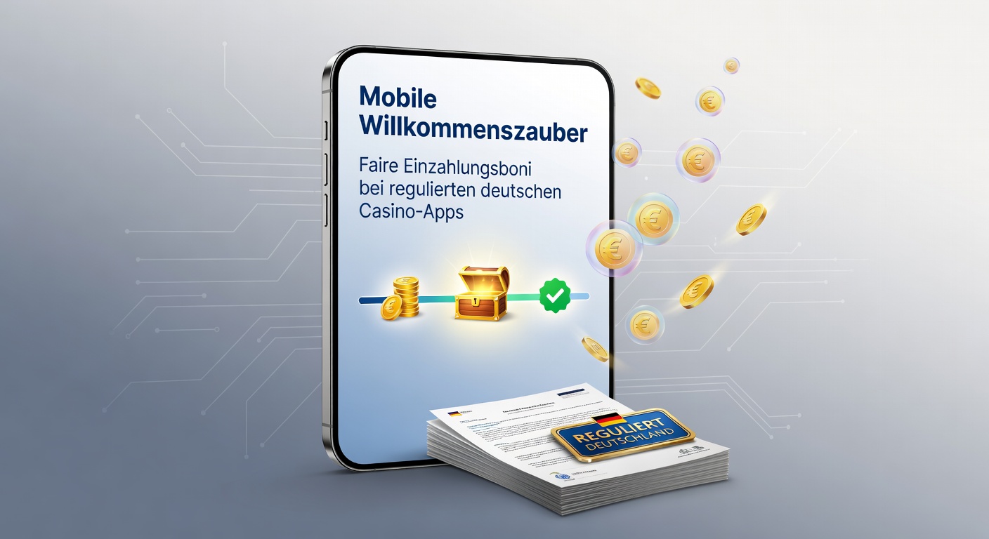 Vielzahl von Casino-App-Icons auf einem Tablet, mit Fokus auf Einzahlungsbonus-Symbolen und GGL-Lizenzabzeichen, vor urbanem deutschen Hintergrund
