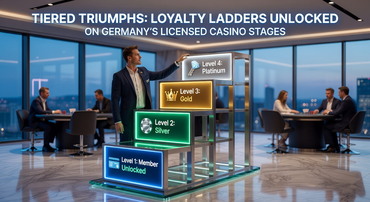 Treppenartige Loyalty-Leiter mit Casino-Symbolen, die Stufen von Bronze bis Diamond in einem regulierten deutschen Casino darstellt